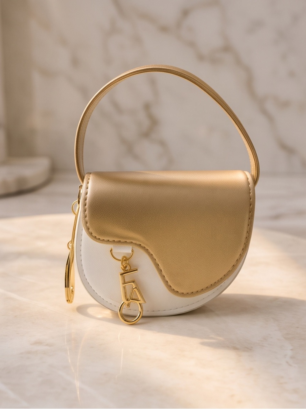 Gold and White Mini Saddle Handbag charm
